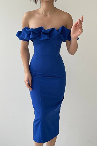 vuvutasarım Сукня-олівець Saks Блакитна атласна тканина без бретелей, занижені плечі та розрізи, детальна сукня-міді 219