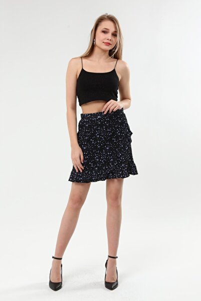 Miss Murem Çiçek Desen Mini Etek-siyah Mavi