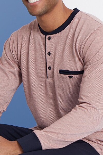 KLY Ανδρικό σετ πιτζάμες με μακρυμάνικο γιακά, εποχιακό 100% βαμβακερό πλακάκι C9T2N6O1