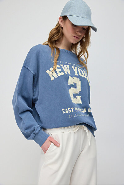No Matter What Kadın Oversize Sweatshirt Baskılı Soluk Efektli Bisiklet Yaka ...