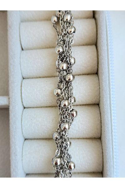 Eva Takı Ball Chain Model Knitted Steel Chain Long Concept Silver Color Necklace