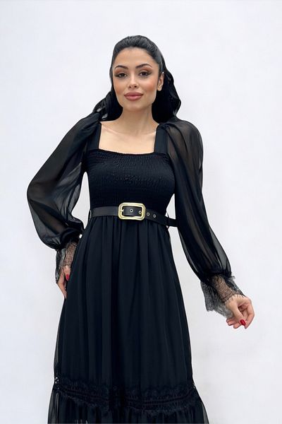 giyimmasalı Chiffon Fabric Gathered Lace Detailed Midi Dress - BLACK