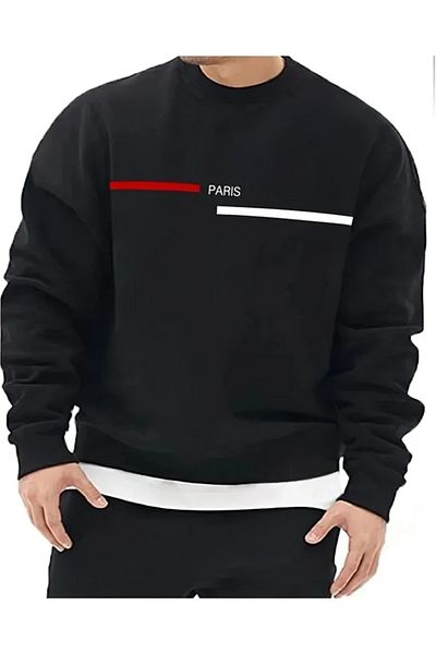 Modern Moda Oversize Paris Stripe Printed Cotton Hoodless Crew Neck Unisex Sweatshirt