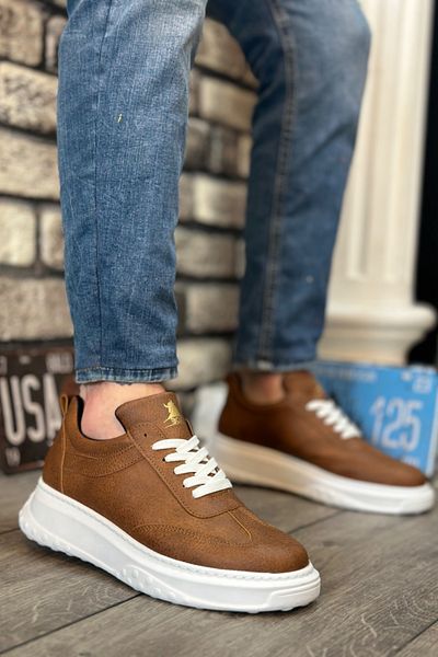 BOUIS Ανδρικά Tan White Sports Casual Παπούτσια με ψηλή χοντρή λευκή σόλα με κορδόνια