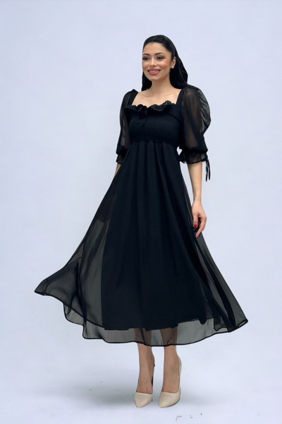 giyimmasalı Şifon Kumaş Göğüs Büzgü Detaylı Midi Elbise - SİYAH