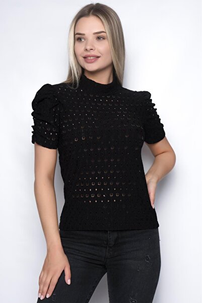 Miss Murem Stand Collar Short Sleeve Perforated Blouse-black