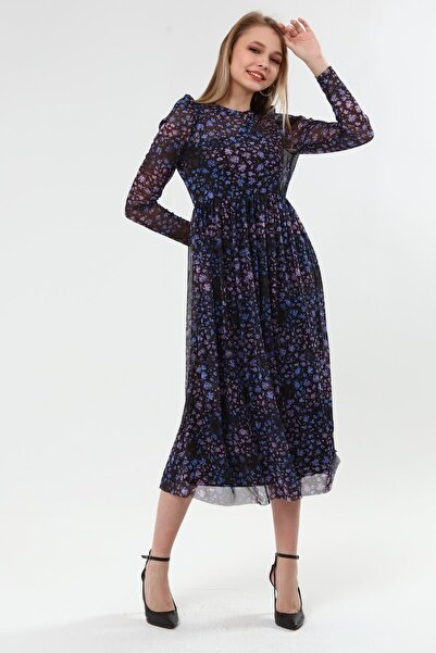 Miss Murem Watermelon Sleeve Lined Chiffon Dress-blue Purple