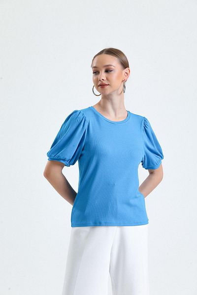 Miss Murem Watermelon Sleeve Corded Blouse-BLUE