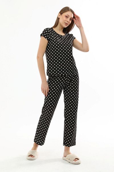 Miss Murem Patterned Short Sleeve Pajama Set - Polka Dot Black
