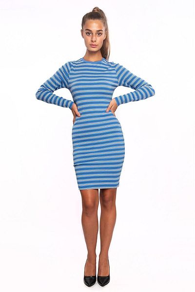 Miss Murem Striped Long Sleeve Dress-blue White