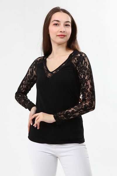 Miss Murem V-Neck Lace Embroidered Blouse-black