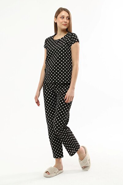 Miss Murem Patterned Short Sleeve Pajama Set - Polka Dot Black