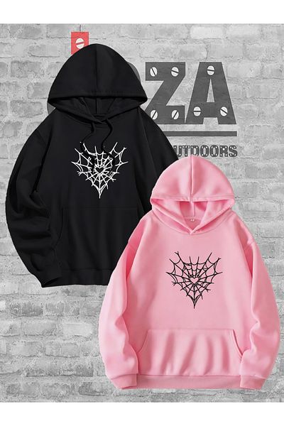 Joza Outdoors Women Men Unisex Spider Web Heart Lover Couple Combination Design Hooded Sweatshirt 2-Piece Set