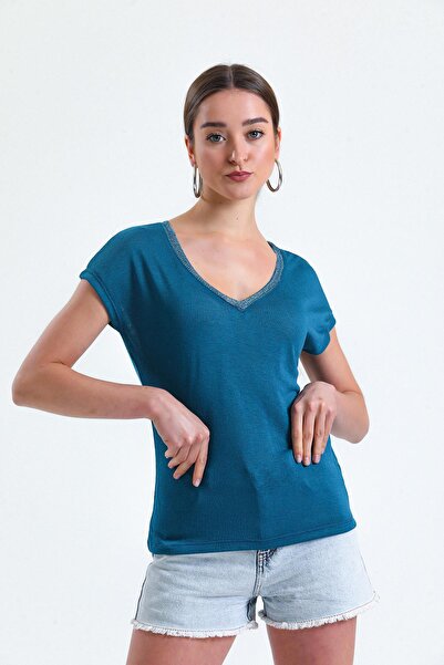 Miss Murem V-Neck Glitter Blouse-Petrol Blue