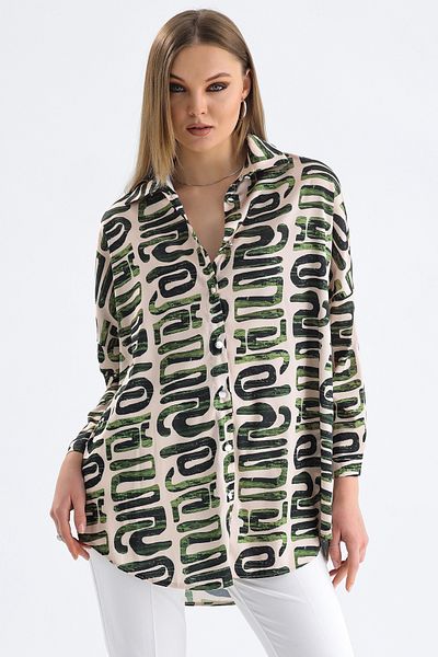 MD trend Women's Graphic Patterned Long Oversize Satin Shirt