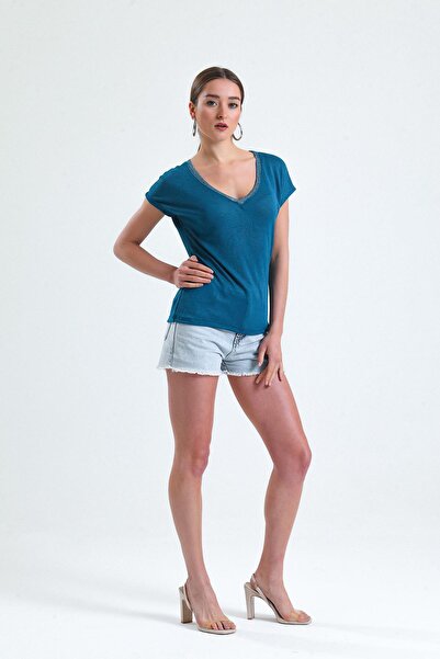 Miss Murem V-Neck Glitter Blouse-Petrol Blue