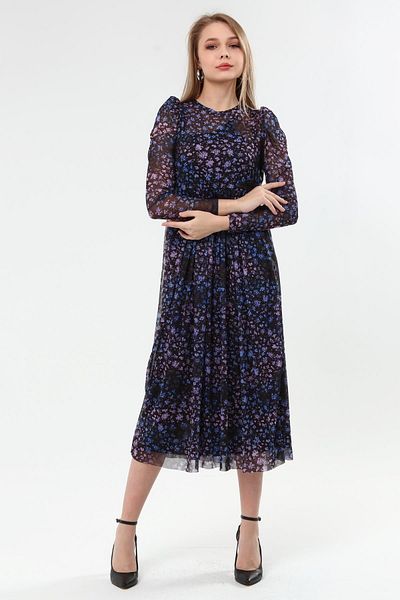 Miss Murem Watermelon Sleeve Lined Chiffon Dress-blue Purple