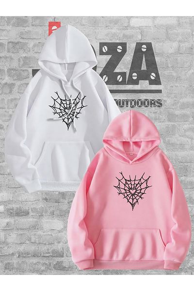 Joza Outdoors Women Men Unisex Spider Web Heart Lover Couple Combination Design Hooded Sweatshirt 2-Piece Set
