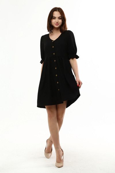 Miss Murem V-Neck Buttoned Seersucker Dress-black
