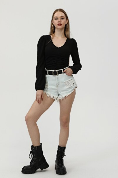 Miss Murem V-Neck Gathered Watermelon Sleeve Seersucker Blouse-black