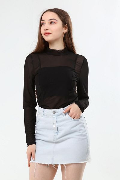 Miss Murem Black Patterned Tulle Blouse