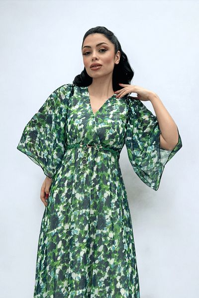 giyimmasalı Chiffon Fabric Bat Sleeve Midi Dress - GREEN