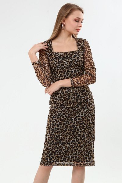 Miss Murem U-Neck Gathered Lined Loepar Chiffon Dress-leopard