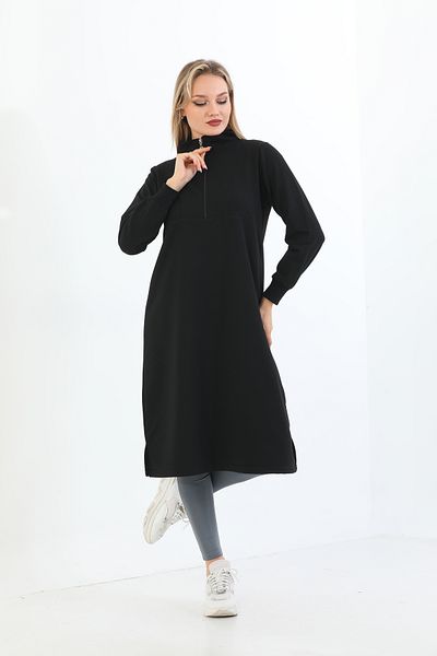Elif Okur Hijab Long Tunic Half Zipper 110cm Black 1221