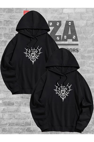 Joza Outdoors Women Men Unisex Spider Web Heart Lover Couple Combination Design Hooded Sweatshirt 2-Piece Set