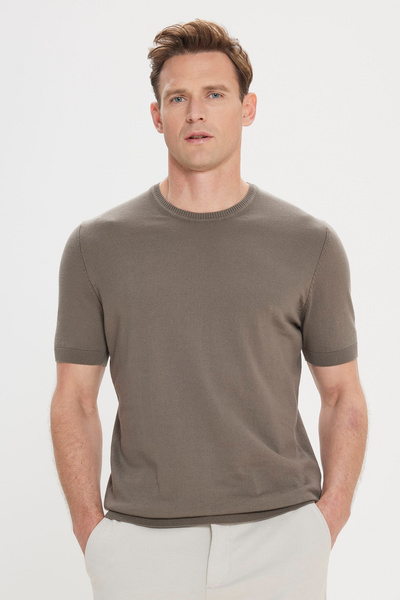 ALTINYILDIZ CLASSICS Men's Khaki Knitwear T-Shirt - 100% Cotton, Crew Neck, Standard Fit