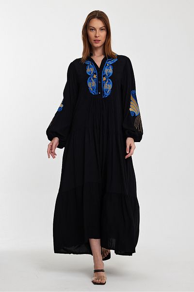 Denismoda Γυναικείο φόρεμα με γιακά δικαστή μπροστά και μανίκια με λεπτομέρεια κεντήματος μακρύ βισκόζη