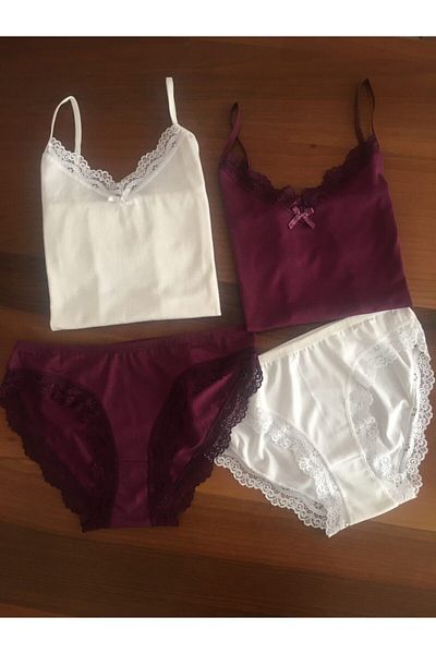 LEYNA BUTİK Women's Ecru Plum 2 Piece Thread Strap Athlete Panties Set