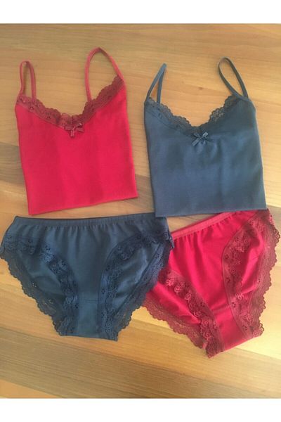 LEYNA BUTİK Women's Burgundy Navy Blue 2 Pieces Thread Strap Athlete Panties Set