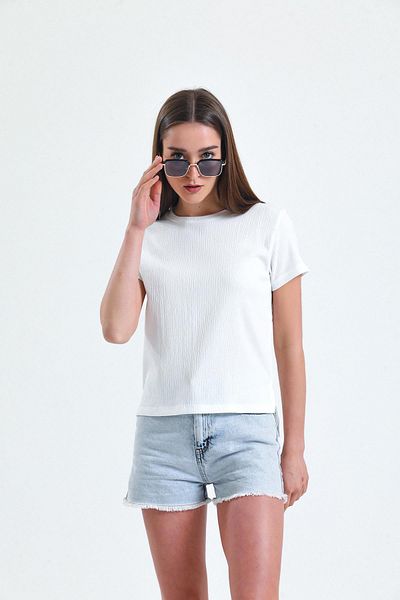 Miss Murem Crew Neck Raschel Fabric T-shirt-ecru