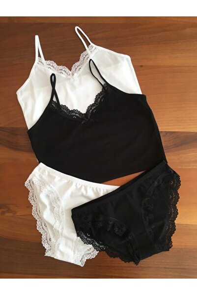 LEYNA BUTİK Kadın Siyah Beyaz 2 Adet Ip Askılı Atlet Külot Takımı