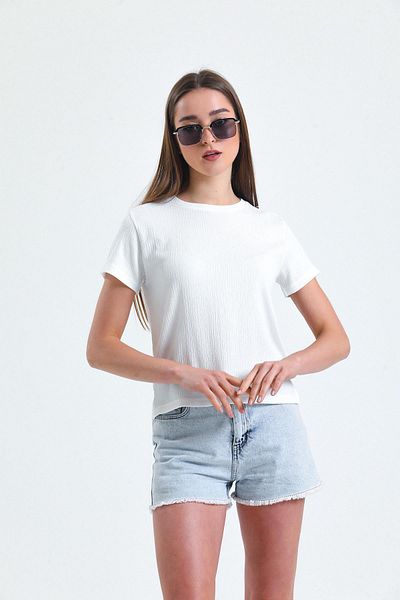 Miss Murem Crew Neck Raschel Fabric T-shirt-ecru