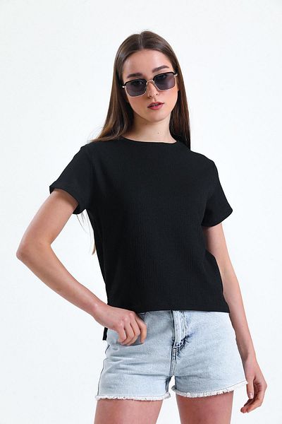 Miss Murem Black Raschel Fabric Crew Neck T-Shirt