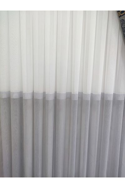 perhal perde ve halı Γκρι και λευκή κουρτίνα από τούλι χωρίς πιέτες, κάτω γκρι επάνω λευκή φούστα και κουρτίνα από τούλι με λευκή ρίγα μεταξύ