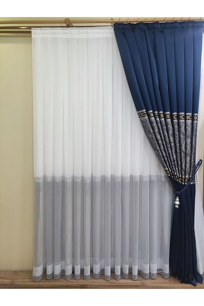 perhal perde ve halı Gray and White 1-2,5 Regular Pleat Tulle Curtain, Bottom Gray Top White Skirt and White Stripe Tulle Curtain