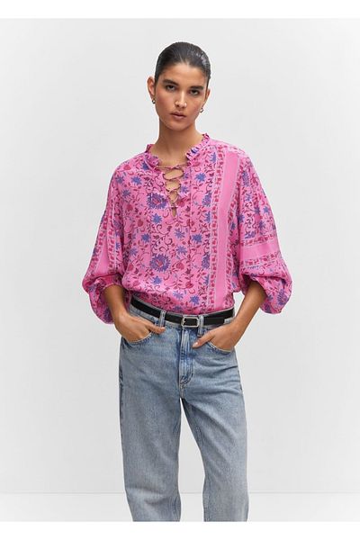 MANGO Woman Bluză cu mânecă balon cu model