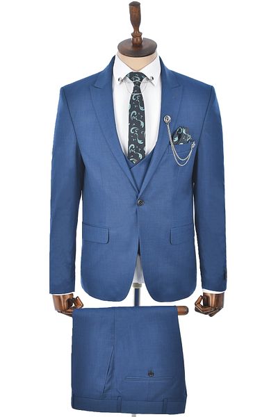 DeepSEA Men's Blue Single Button Double Slit Slim Fit 3-Piece Suit2300530