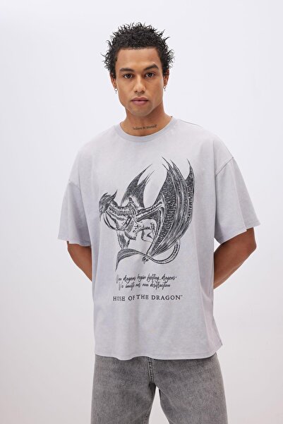 DeFacto Unisex Oversize Fit Crew Neck Back Printed Short Sleeve Washed Faded Effect T-Shirt C3766ax24sm