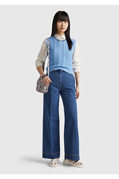 United Colors of Benetton Kadın İndigo Bol Paça Denim Chino Pantolon