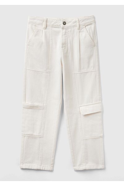 United Colors of Benetton Girl's Cargo Pants - Cream, Large Patch and Pocket