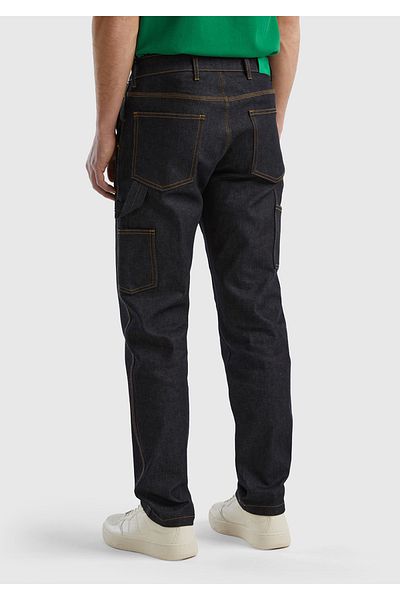 United Colors of Benetton Men's Navy Blue 7 Pocket Denim Cargo Pants with Logo Detail on the Back