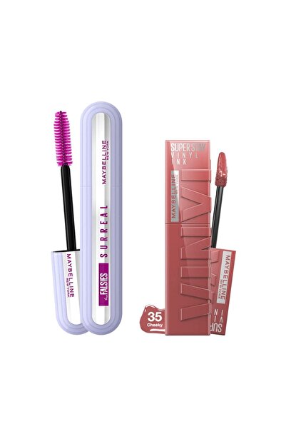 Maybelline New York Falsies Surreal Maskara + Super Stay Vinyl Ink Likit Parlak Ruj 35 Cheeky