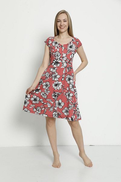 İntensive Women's Short Sleeve Patterned Buttoned Pocket Combed Cotton Modal Cotton Dress
