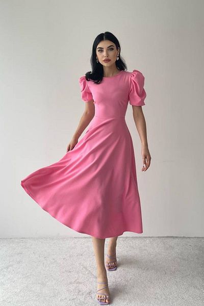 lovebox Women's Atlas Fabric Round Neck Princess Sleeve Flared Cut Midi Length Pink Evening Dress 220