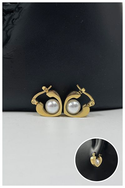 Manken İstanbul Women's Gold 2-Piece Pearl Heart Model Steel Earrings