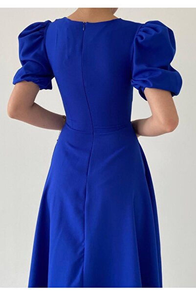 lovebox Női atlasz szövet kerek nyakú hercegnő ujjú, kiszélesedő vágott Midi hosszúságú Saks kék estélyi ruha 220